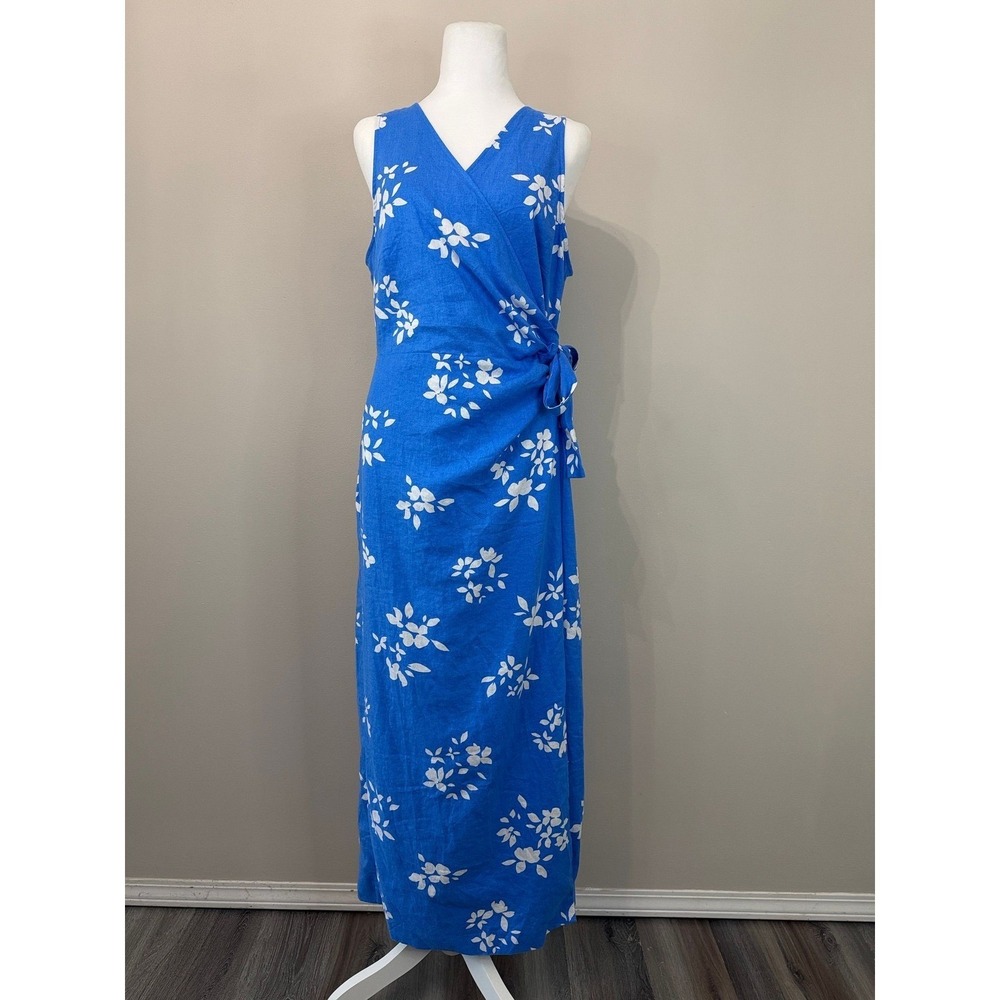 Ann Taylor Maritime Blue White Floral Linen Blend Wrap Maxi Dress Size 12/L - Picture 2 of 11